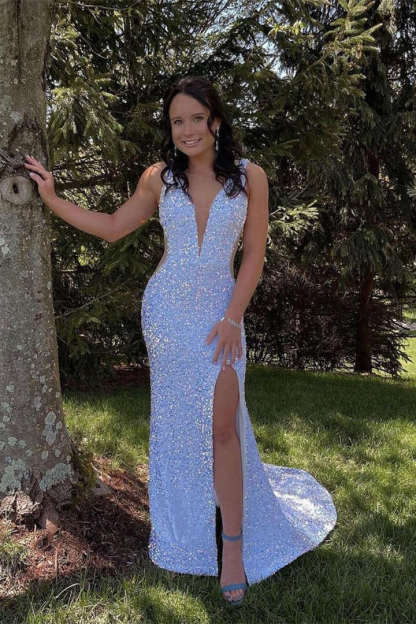 Glitter V-Neck Backless Sequins Long Mermaid Prom Dresses Evening Dresses, product image 5
