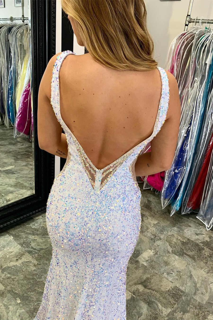 Glitter V-Neck Backless Sequins Long Mermaid Prom Dresses Evening Dresses, product image 6