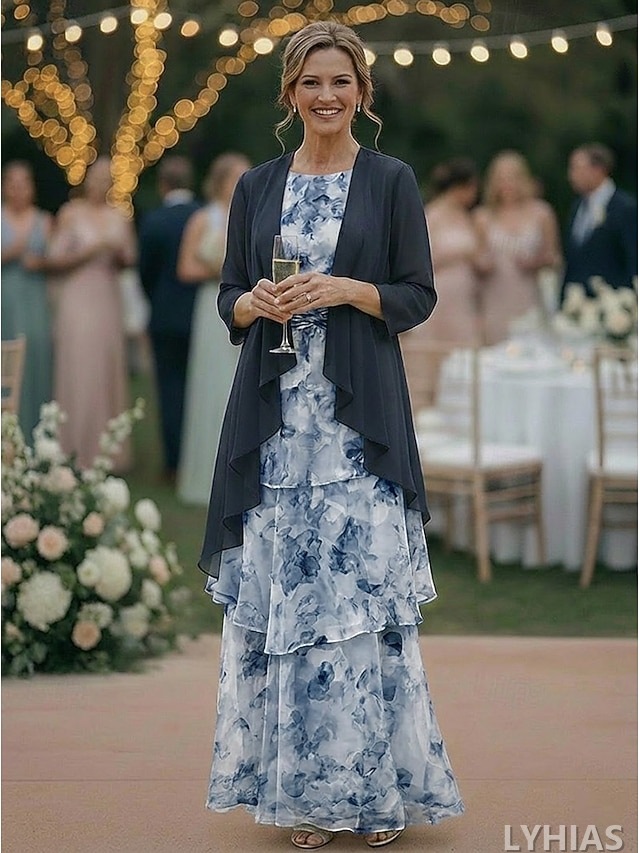 Two Piece Mother of the Bride Dresses Floor Length with Floral Print 3/4 Length Sleeve Scoop Neck