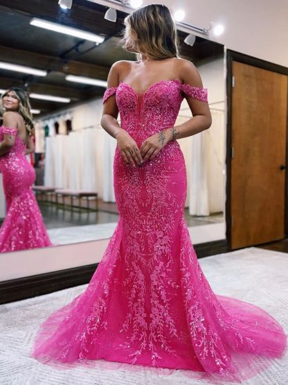 Dress Stylish Fuchsia Off The Shoulder Mermaid Prom Dress With Appliques