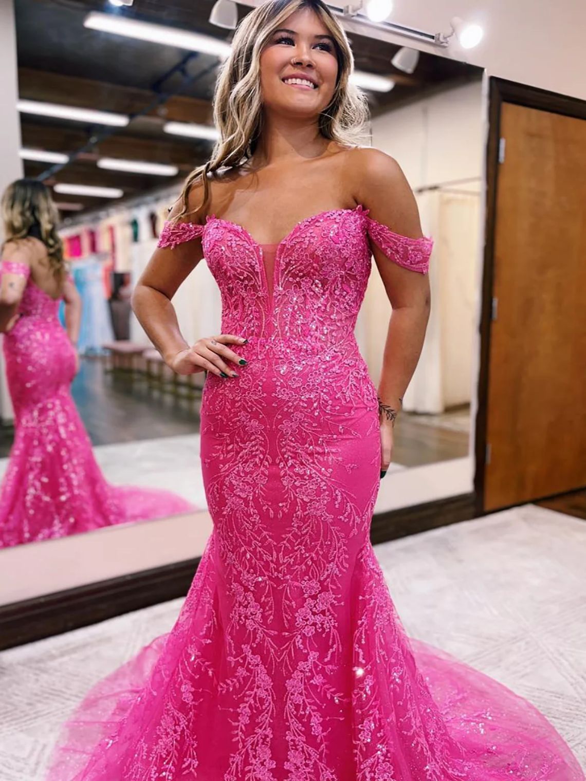 Stylish Fuchsia Off The Shoulder Mermaid Prom Dress With Appliques