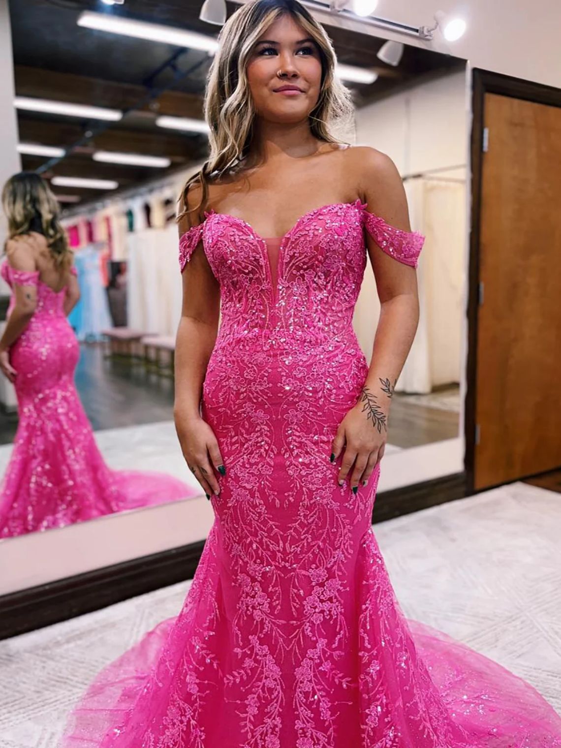 Stylish Fuchsia Off The Shoulder Mermaid Prom Dress With Appliques