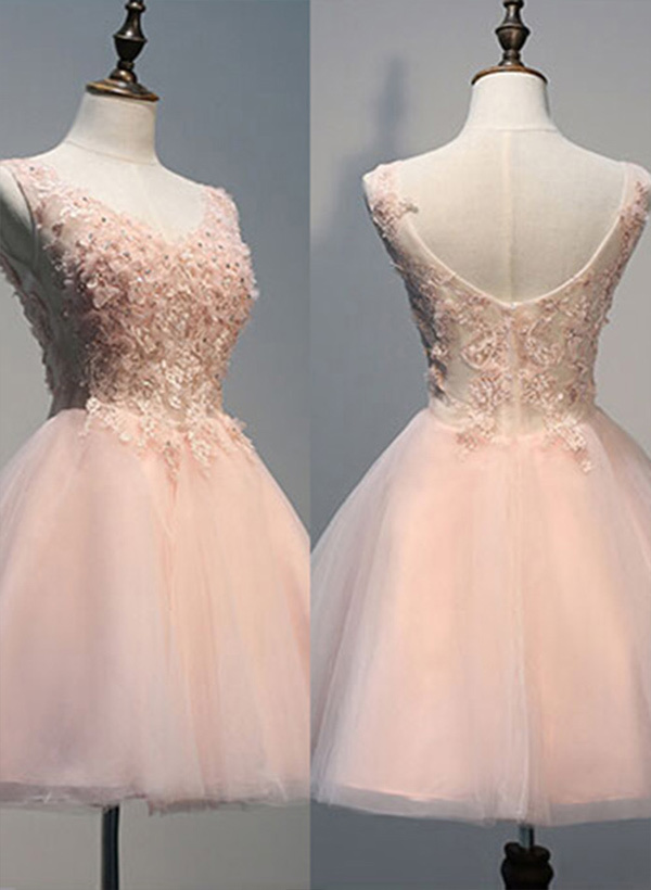 A-Line/Princess V-Neck Tulle Short/Mini Bridesmaid Dresses With Appliques Lace, image 2