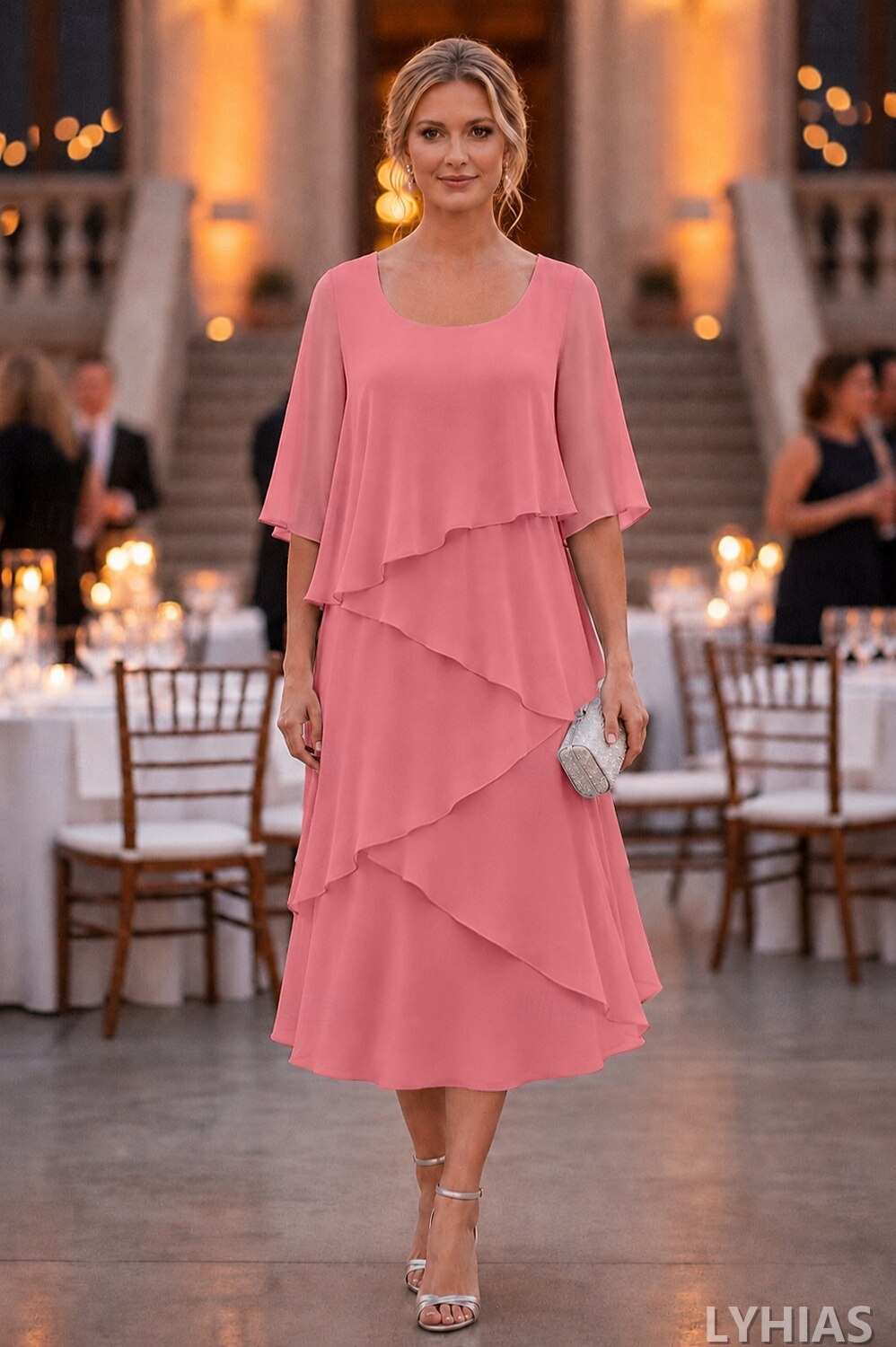 A-Line Mother of the Bride Dresses Ankle Length with Ruffles Half Sleeve Scoop Neck Chiffon Elegant