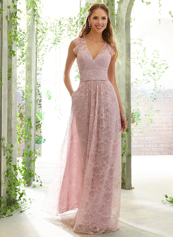 A-Line V-Neck Sleeveless Regular Straps Lace Floor-Length Bridesmaid Dresses With Lace, image 1
