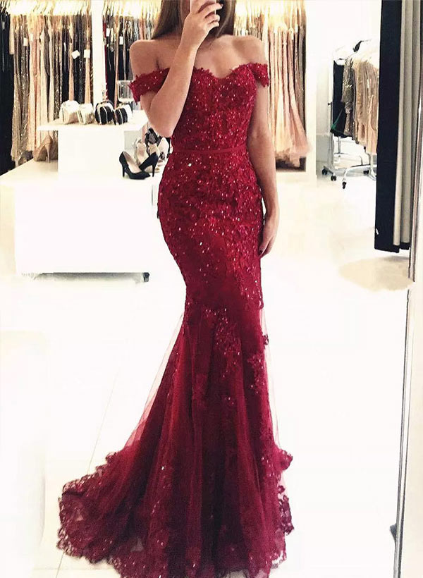 Trumpet/Mermaid Off-The-Shoulder Lace Floor-Length Evening Dresses With Appliques Lace Beading