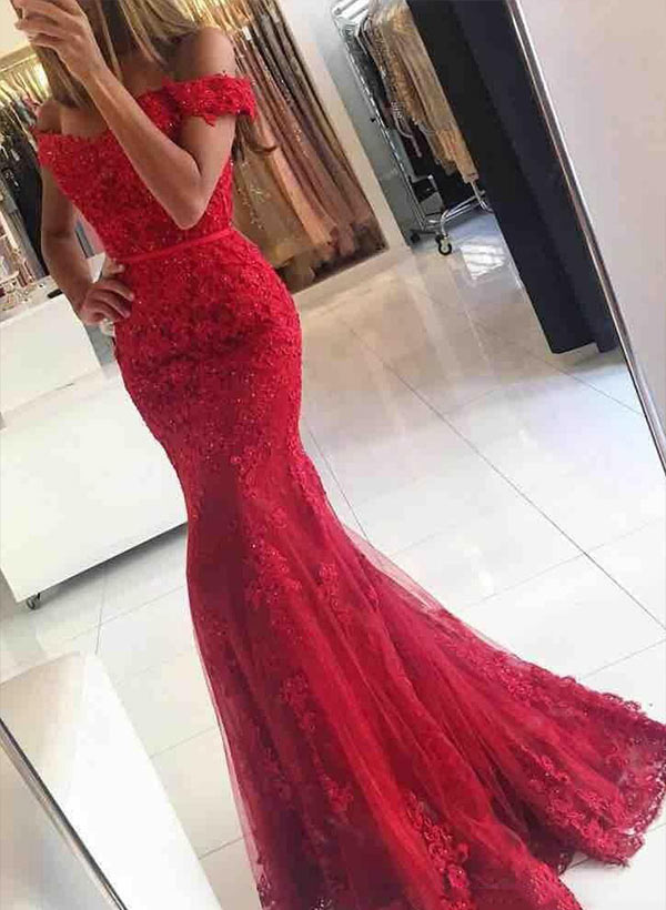 Trumpet/Mermaid Off-The-Shoulder Lace Floor-Length Evening Dresses With Appliques Lace Beading