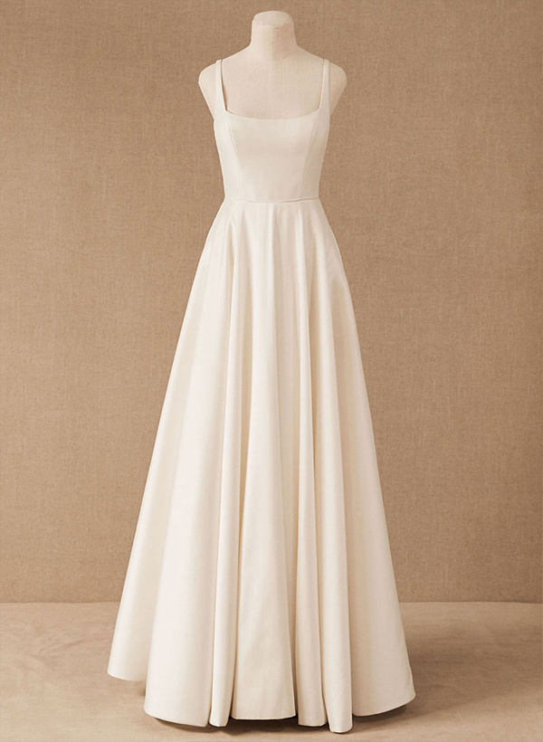 A-Line Square Neckline Sleeveless Satin Court Train Wedding Dresses With Pleated Pockets, image 4