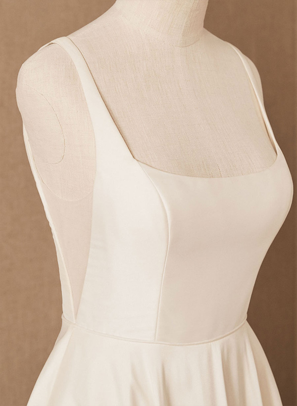 A-Line Square Neckline Sleeveless Satin Court Train Wedding Dresses With Pleated Pockets, image 5