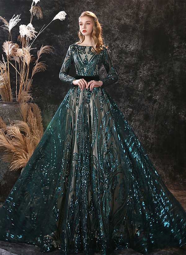 A-Line Scoop Neck Long Sleeves Lace Court Train Evening Dresses With Lace
