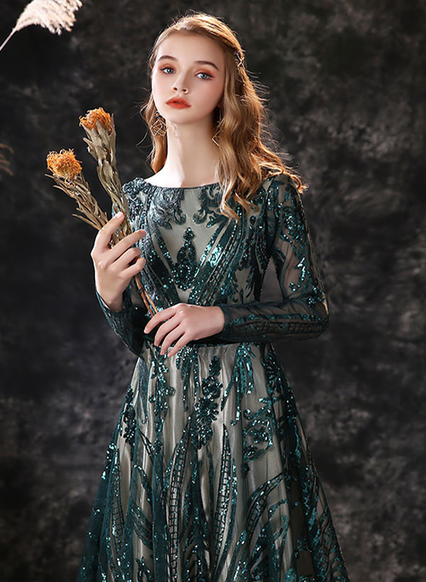 A-Line Scoop Neck Long Sleeves Lace Court Train Evening Dresses With Lace