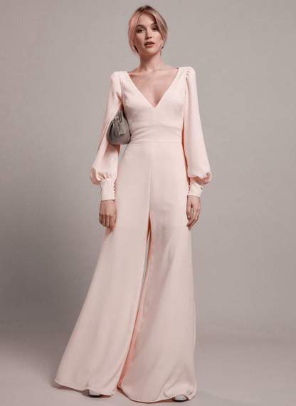 Jumpsuit/Pantsuit V-Neck Long Sleeves Stretch Chiffon Floor-Length Evening Dresses in As Picture, US2