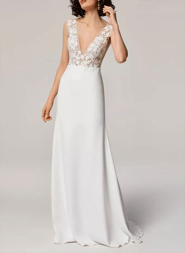 A-Line V-Neck Sleeveless Lace Sweep Train Wedding Dresses With Lace, image 1