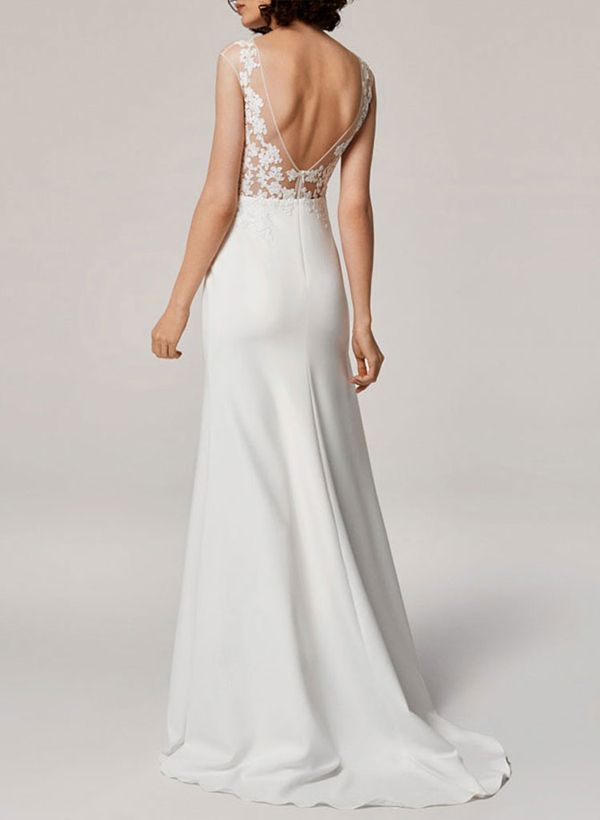 A-Line V-Neck Sleeveless Lace Sweep Train Wedding Dresses With Lace, image 2