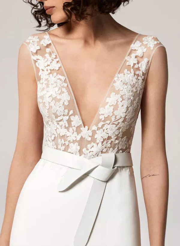A-Line V-Neck Sleeveless Lace Sweep Train Wedding Dresses With Lace, image 3