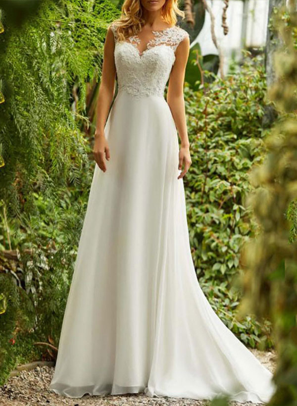 A-Line High Neck Sleeveless Chiffon Sweep Train Wedding Dresses With Lace, image 1