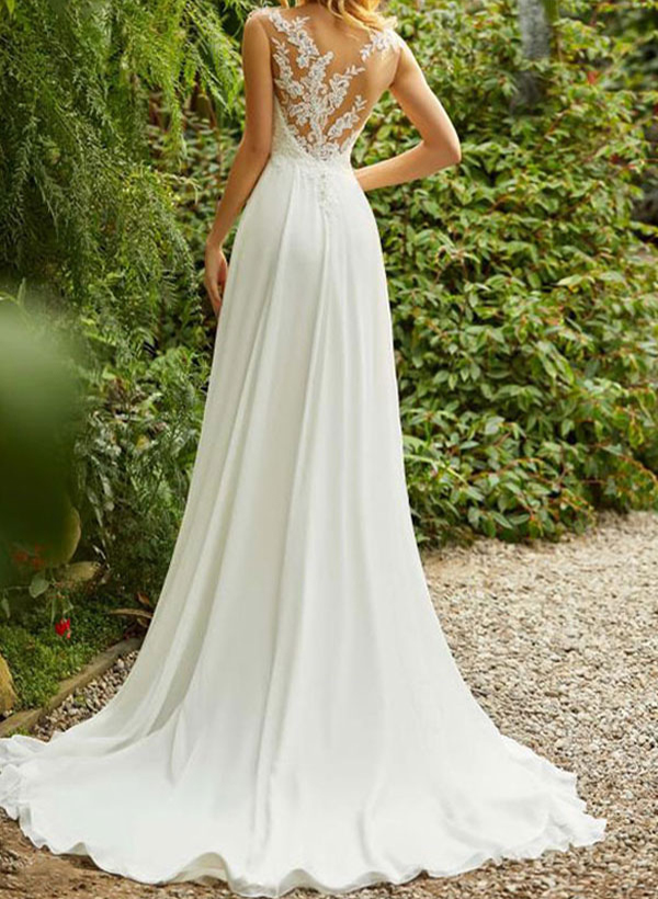 A-Line High Neck Sleeveless Chiffon Sweep Train Wedding Dresses With Lace, image 2