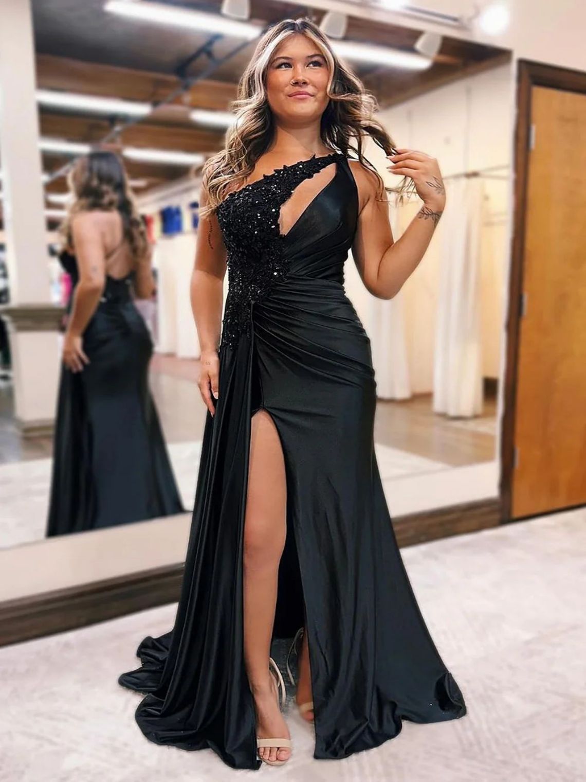Mermaid Black Satin One Shoulder Sweep Train Prom Dress With Beading