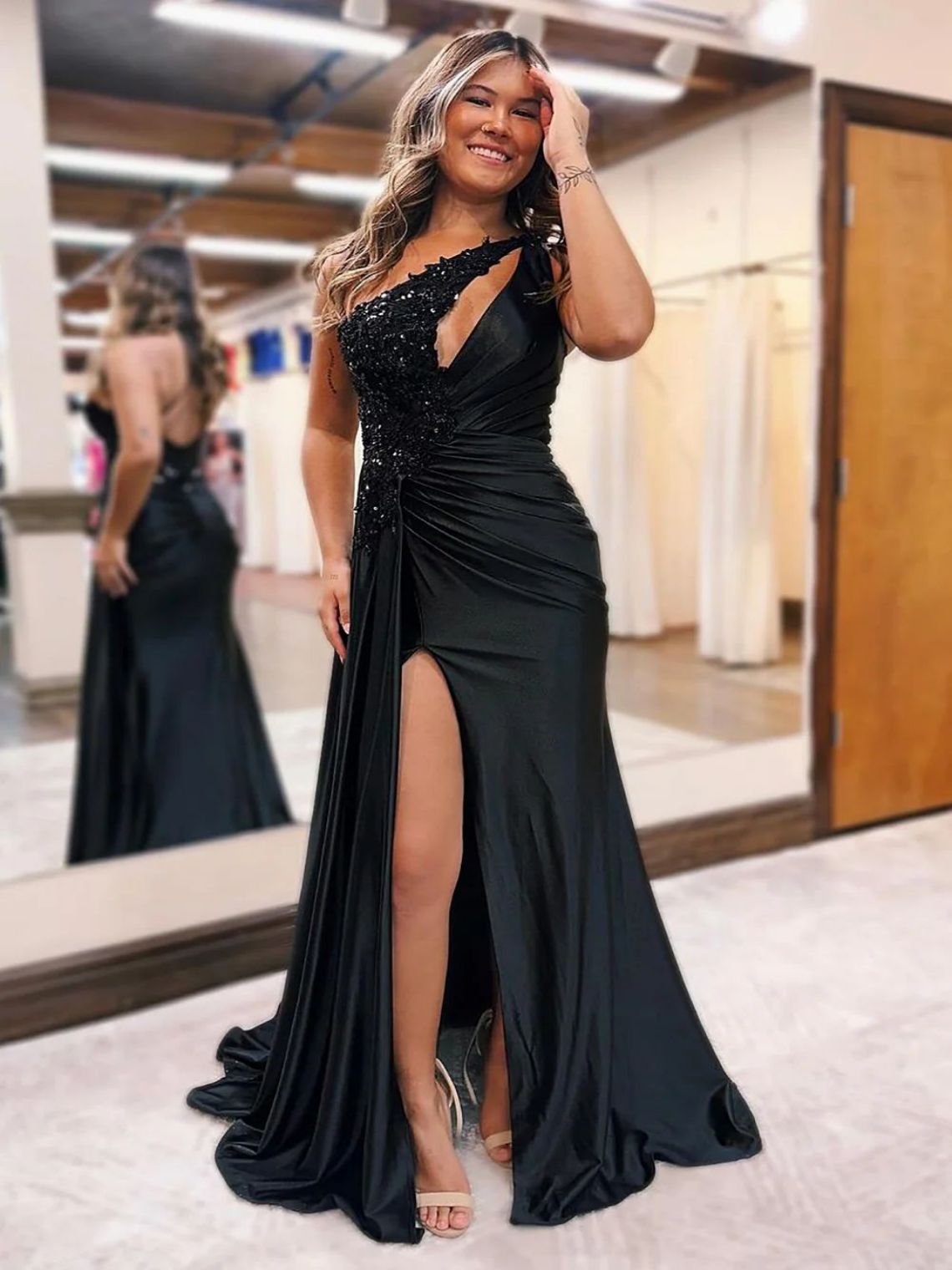 Mermaid Black Satin One Shoulder Sweep Train Prom Dress With Beading