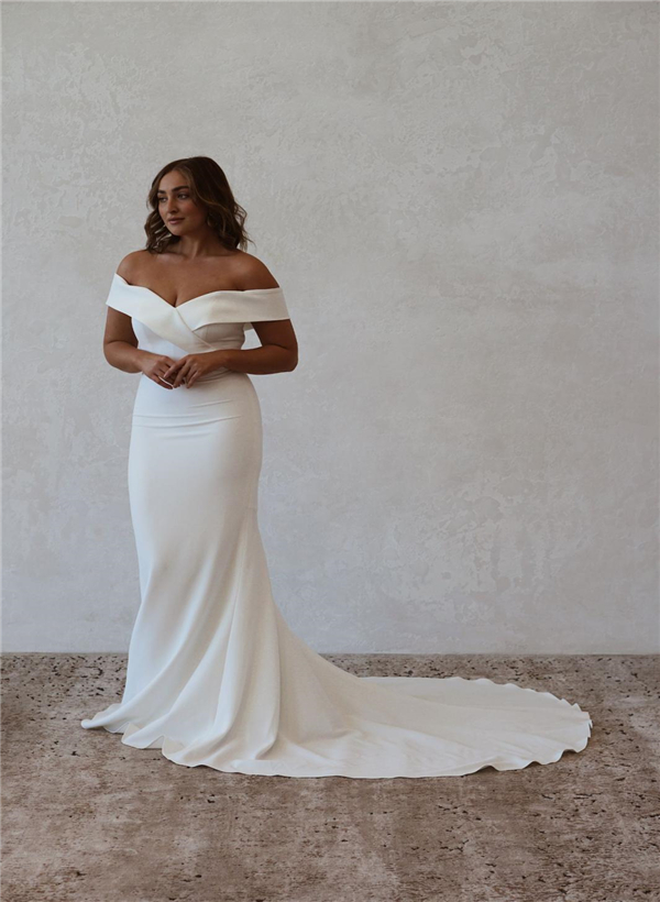 Trumpet/Mermaid Off-The-Shoulder Sleeveless Satin Sweep Train Wedding Dresses, product image 5