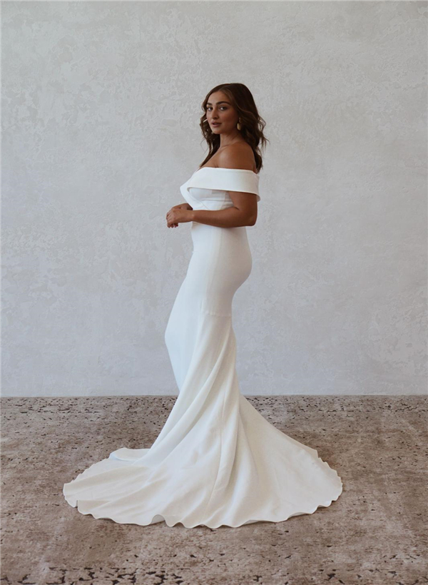 Trumpet/Mermaid Off-The-Shoulder Sleeveless Satin Sweep Train Wedding Dresses, product image 6