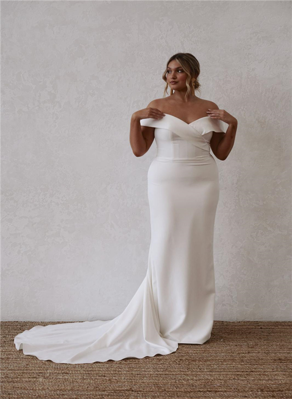 Trumpet/Mermaid Off-The-Shoulder Sleeveless Satin Sweep Train Wedding Dresses, product image 10