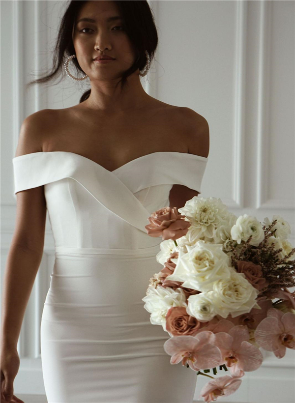 Trumpet/Mermaid Off-The-Shoulder Sleeveless Satin Sweep Train Wedding Dresses, product image 2