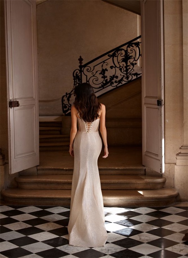 Sheath/Column Square Neckline Sleeveless Sequined Sweep Train Wedding Dresses