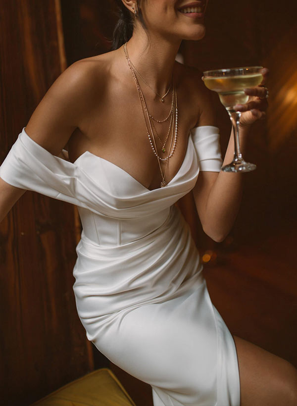Cowl Neck Sweep Train Satin Panel Wedding Dresses With Split Front, image 2