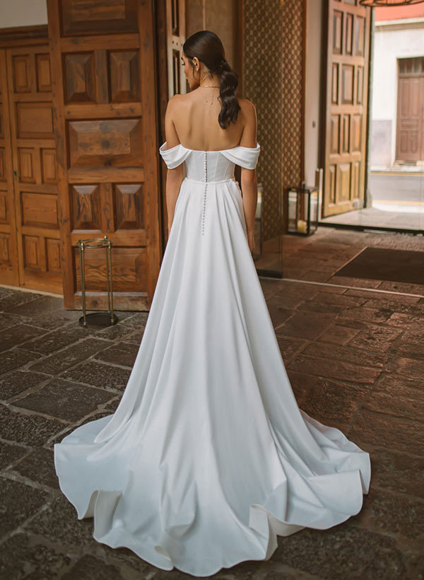 Cowl Neck Sweep Train Satin Panel Wedding Dresses With Split Front, image 5