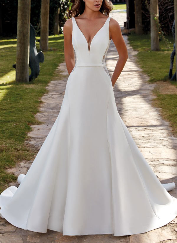 A-Line V-Neck Sweep Train Satin Wedding Dresses With Lace, image 1