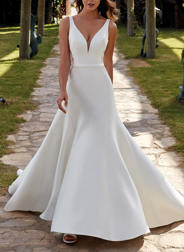A-Line V-Neck Sweep Train Satin Wedding Dresses With Lace, image 2