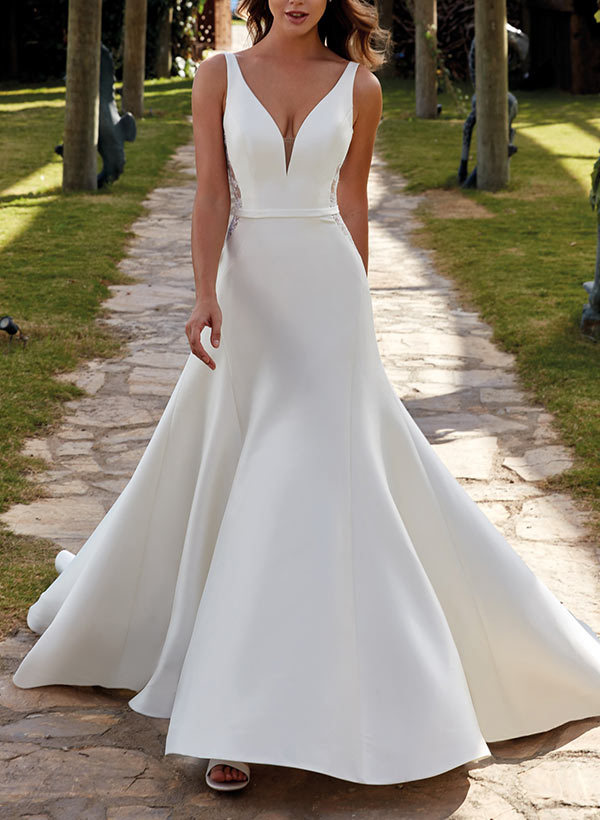 A-Line V-Neck Sweep Train Satin Wedding Dresses With Lace, image 2
