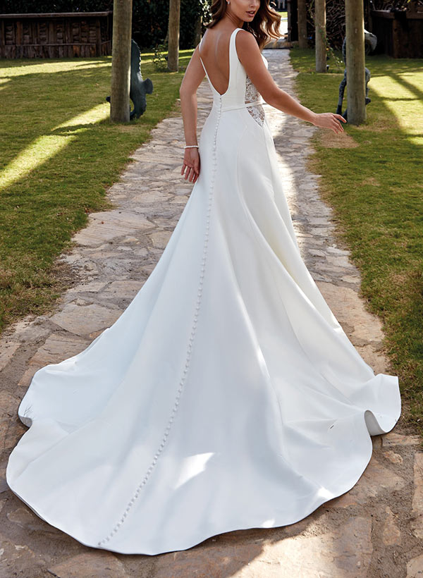 A-Line V-Neck Sweep Train Satin Wedding Dresses With Lace, image 3