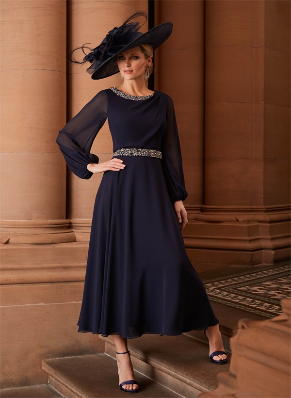 A-Line Scoop Neck Long Sleeves High Waist Chiffon Tea-Length Mother Of The Bride Dresses
