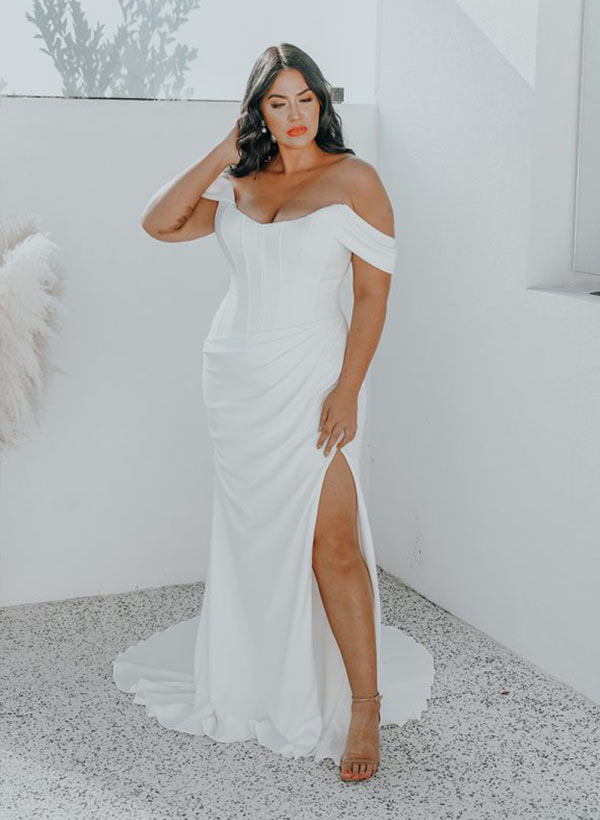 Sheath/Column Off-The-Shoulder Sweep Train Plus Size Wedding Dresses With Split Front, image 2