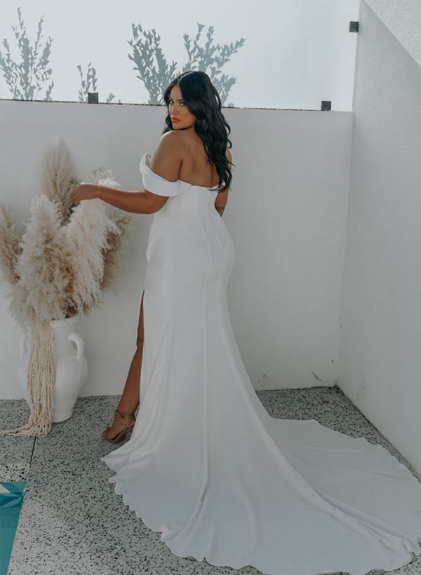 Sheath/Column Off-The-Shoulder Sweep Train Plus Size Wedding Dresses With Split Front, image 3