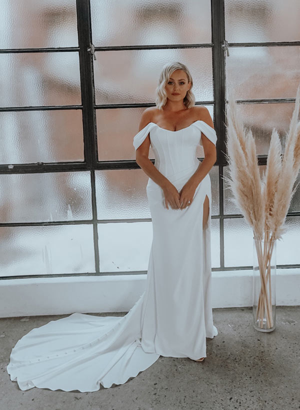 Sheath/Column Off-The-Shoulder Sweep Train Plus Size Wedding Dresses With Split Front, image 6