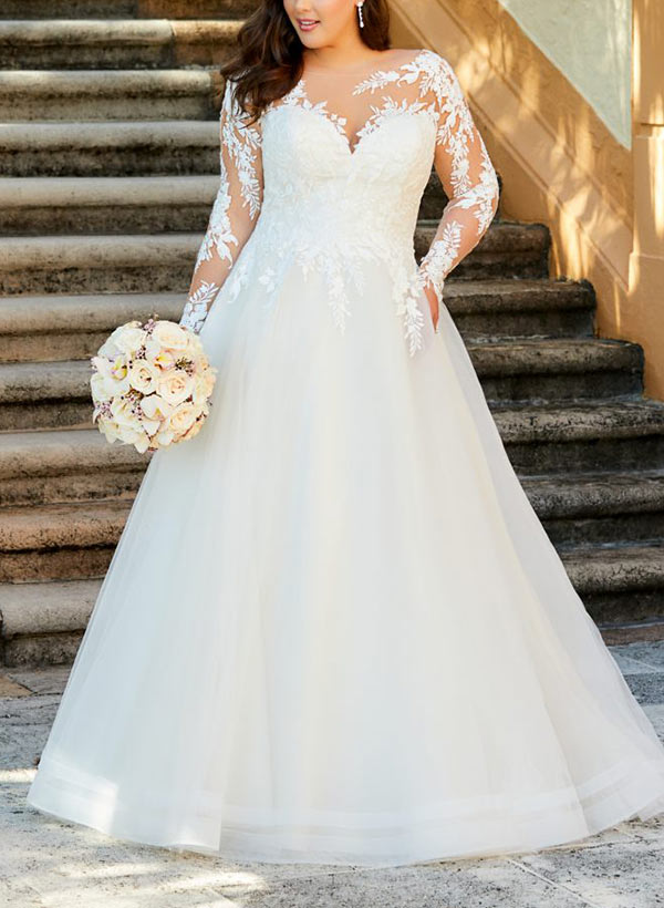 Ball-Gown/Princess Illusion Neck Sweep Train Organza Plus Size Wedding Dresses With Appliques Lace