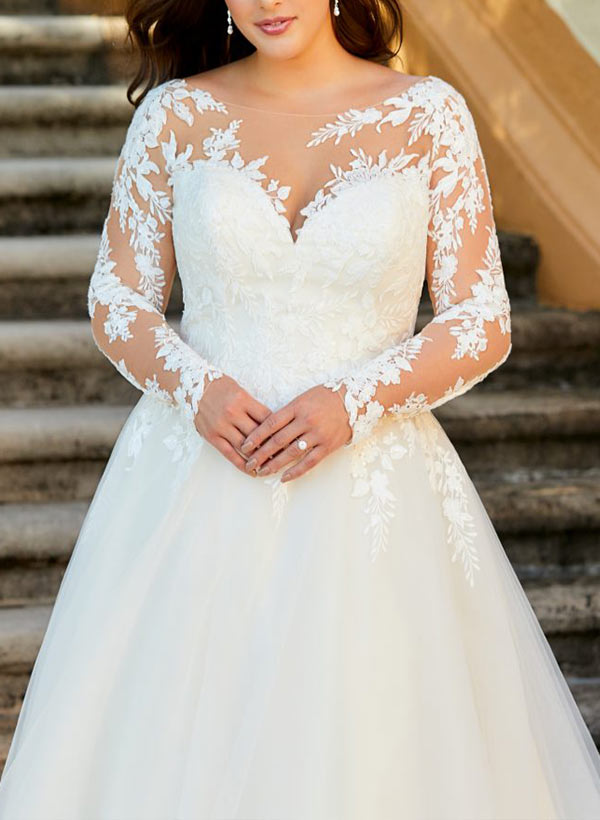 Ball-Gown/Princess Illusion Neck Sweep Train Organza Plus Size Wedding Dresses With Appliques Lace