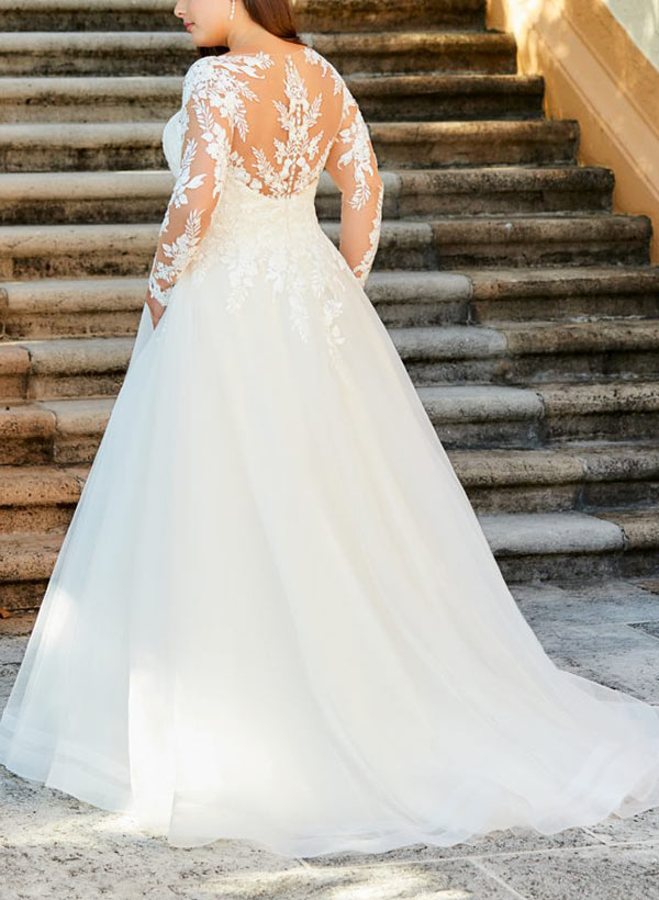 Ball-Gown/Princess Illusion Neck Sweep Train Organza Plus Size Wedding Dresses With Appliques Lace