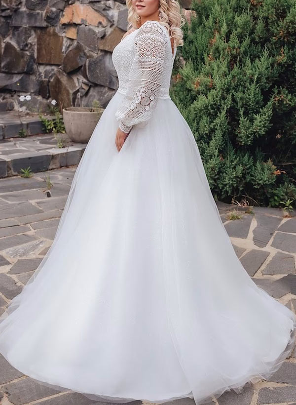 A-Line V-Neck Sweep Train Lace Plus Size Wedding Dresses
