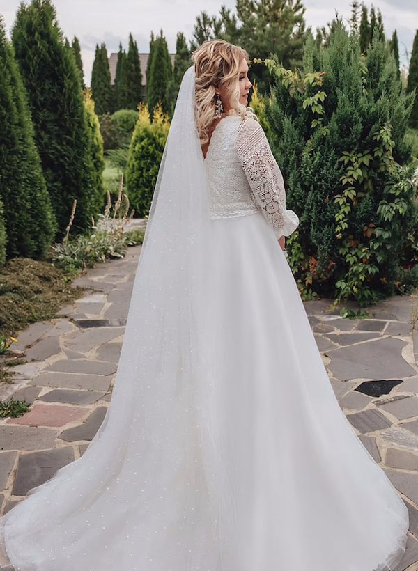 A-Line V-Neck Sweep Train Lace Plus Size Wedding Dresses