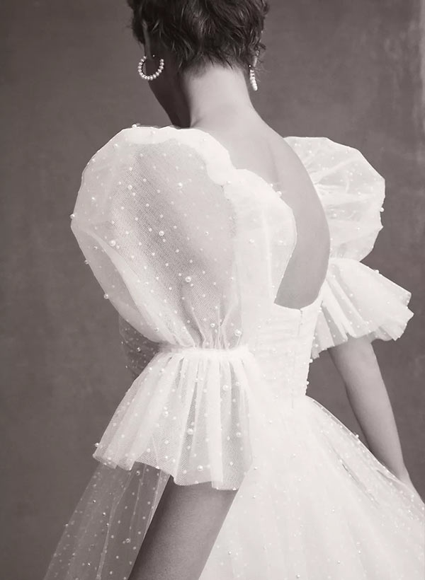Pearl Short Reception Wedding Dresses With Bubble Sleeves, image 2
