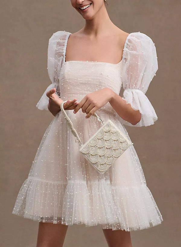 Pearl Short Reception Wedding Dresses With Bubble Sleeves, image 3