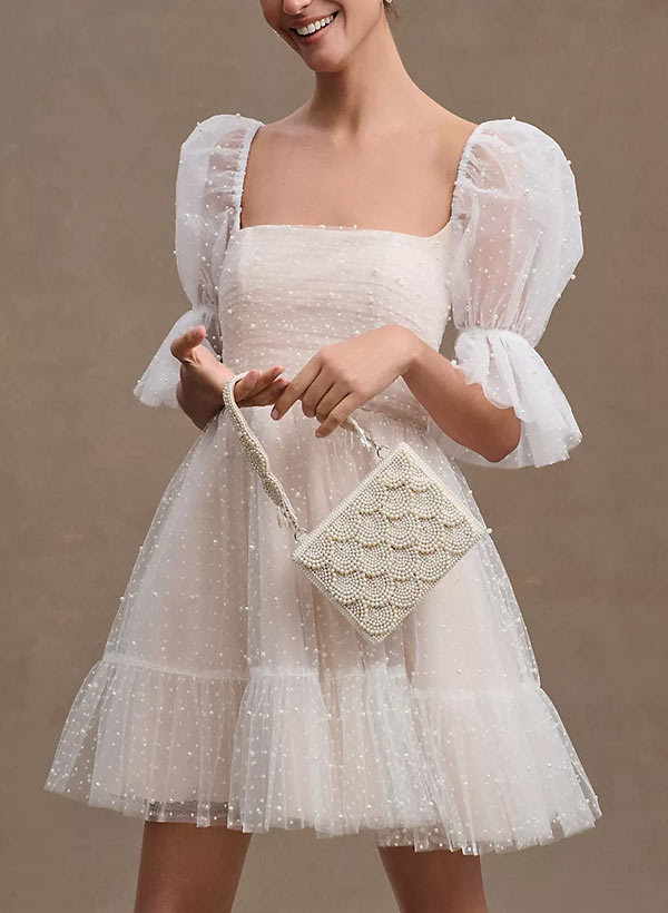 Pearl Short Reception Wedding Dresses With Bubble Sleeves, image 3