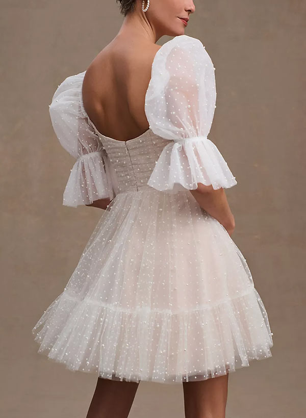 Pearl Short Reception Wedding Dresses With Bubble Sleeves, image 4