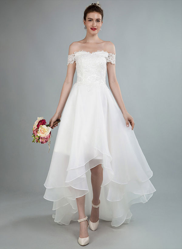 Simple High Low Wedding Dresses A Line Off The Shoulder Sleeveless Lace Wedding Dresses With Train, image 1
