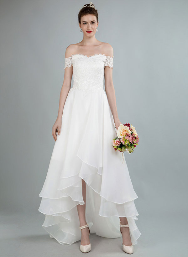 Simple High Low Wedding Dresses A Line Off The Shoulder Sleeveless Lace Wedding Dresses With Train, image 2