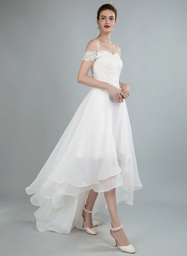 Simple High Low Wedding Dresses A Line Off The Shoulder Sleeveless Lace Wedding Dresses With Train, image 3